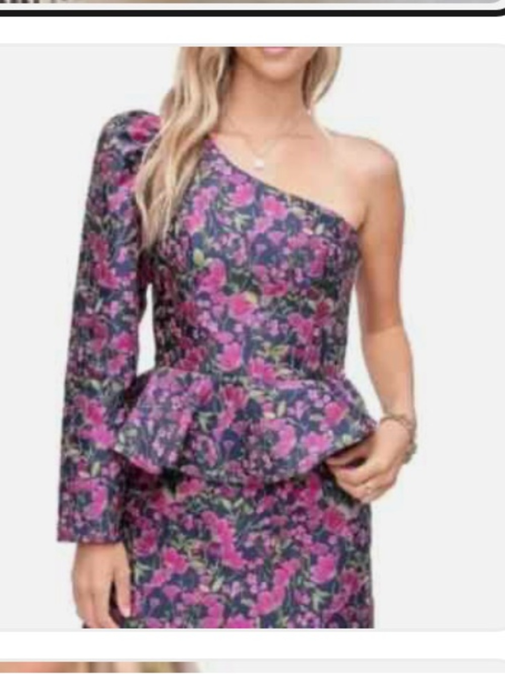En Saison One-Shoulder Peplum Floral Top in Purple and Pink